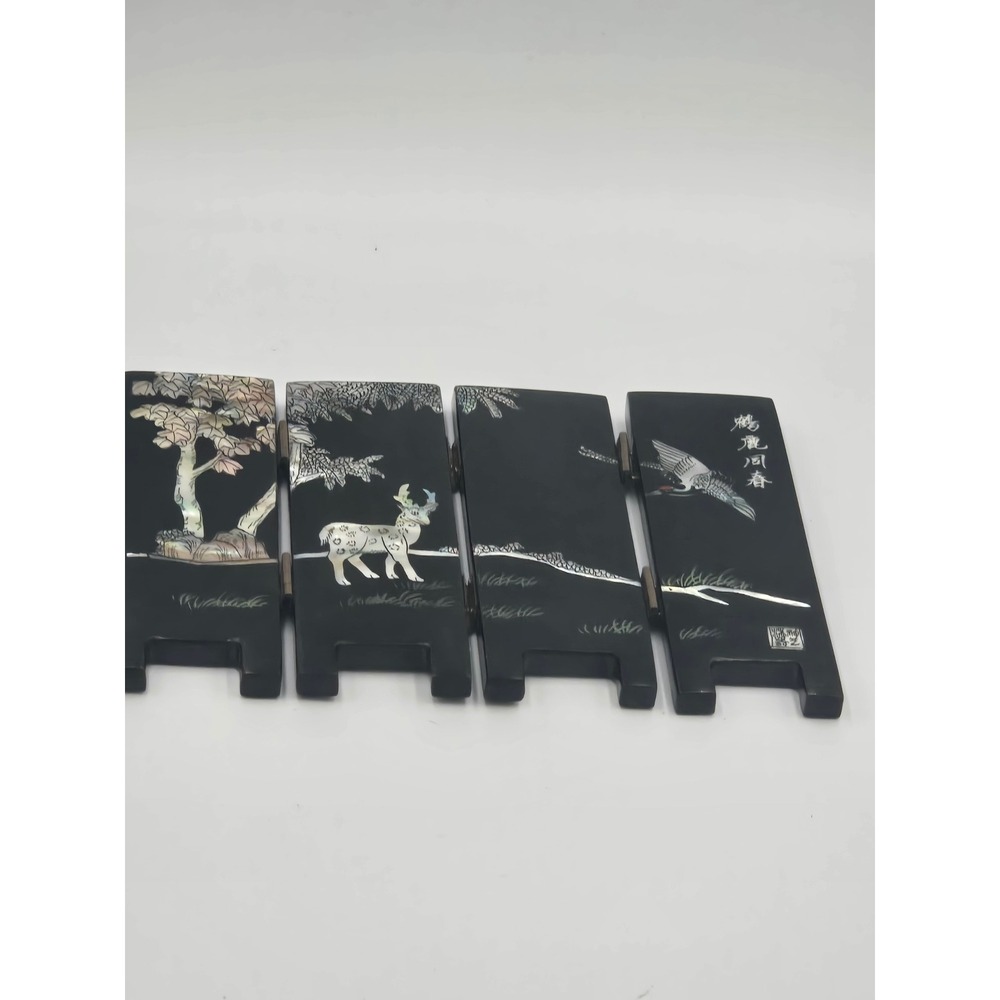 Vintage Black Lacquer Mother of Pearl Inlay 4 Panel Mini Table Screen Deer Crane - Picture 9 of 14